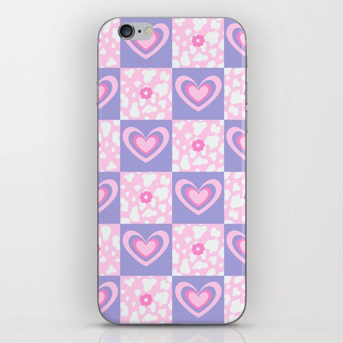 Hearts + Howdy Cow Spots + 70s Flowers on Checker iPhone Skin