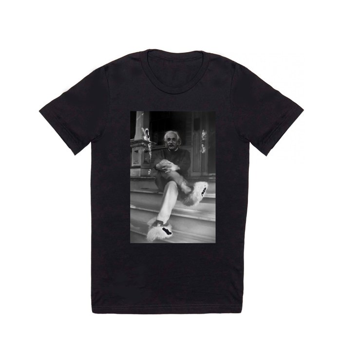 Funny Einstein in Fuzzy Slippers Classic Black and White Satirical Photography - Photographs T Shirt