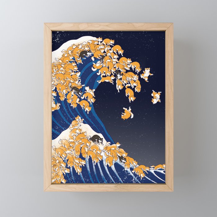 Shiba Inu The Great Wave in Night Framed Mini Art Print