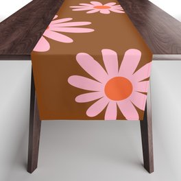 70s Hand Drawn Flower Power Daisies Florals in Brown, Pink & Orange Table Runner