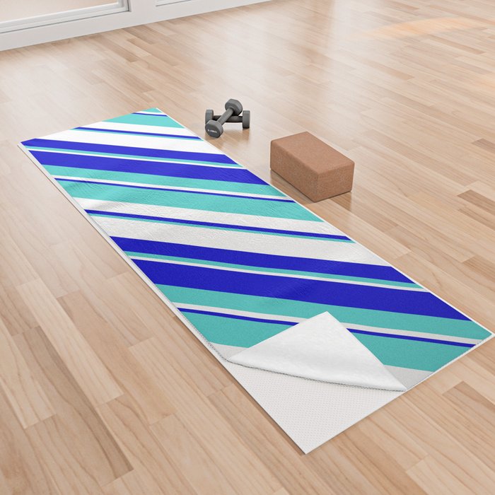 Turquoise, White, and Blue Colored Striped/Lined Pattern Yoga Towel