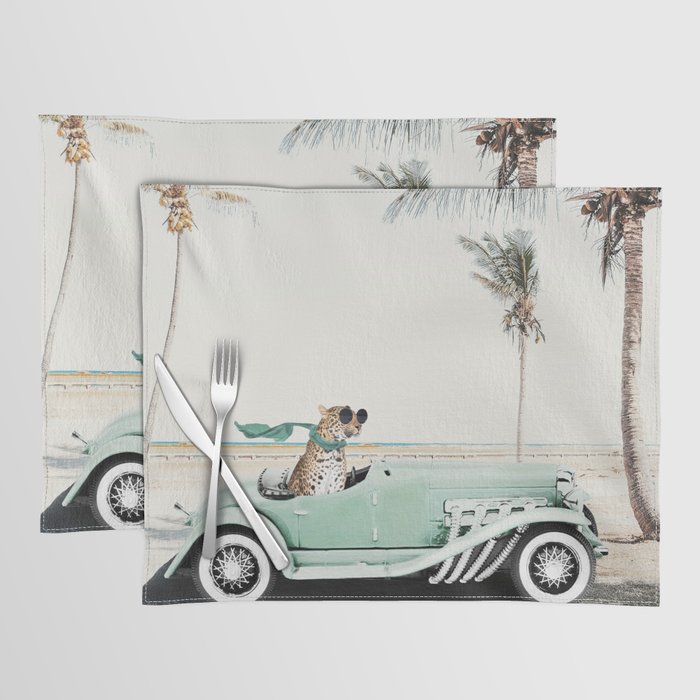 Leopard in retro car with scarf and sunglasses Placemat