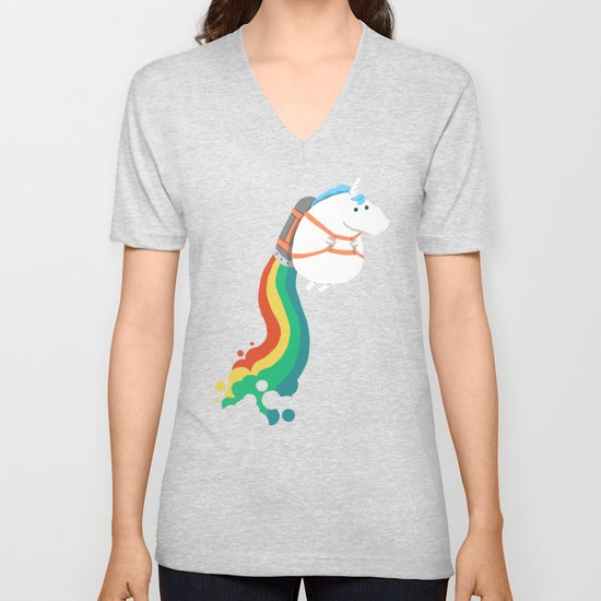 Fat Unicorn on Rainbow Jetpack Unisex V-Neck