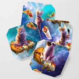 Outer Space Cats With Rainbow Laser Eyes Riding On Pizza Coaster