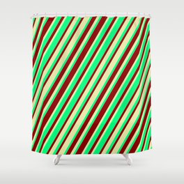 [ Thumbnail: Green, Dark Red & Pale Goldenrod Colored Stripes Pattern Shower Curtain ]