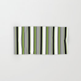 [ Thumbnail: Dark Gray, Green, White & Black Colored Lines/Stripes Pattern Hand & Bath Towel ]