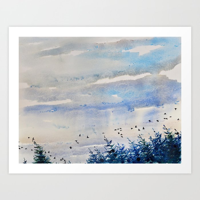 black birds, blue sky Art Print