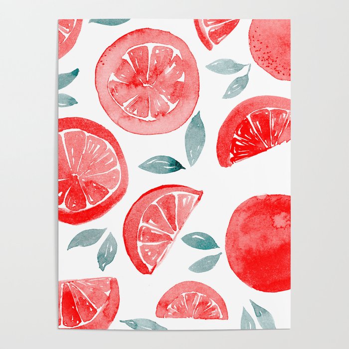 Watercolor grapefruit - orange and teal Poster