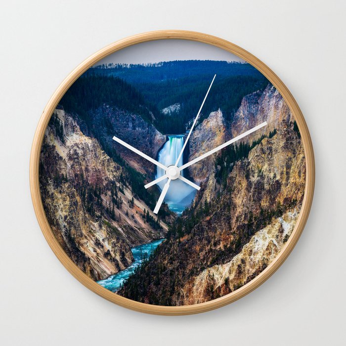 Lower Falls - Rainy Evening at the Grand Canyon of the Yellowstone in Yellowstone National Park Wall Clock