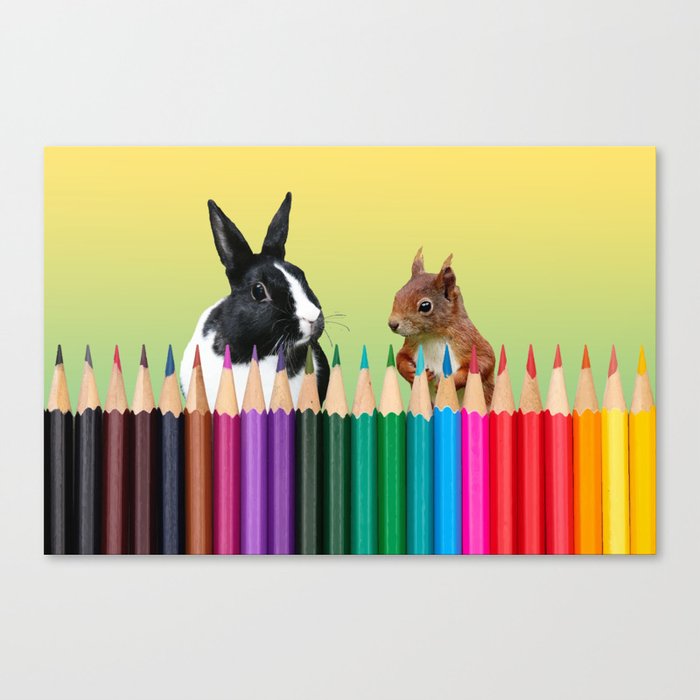 Colored Pencils - Squirrel & black and white Bunny - Rabbit Canvas Print