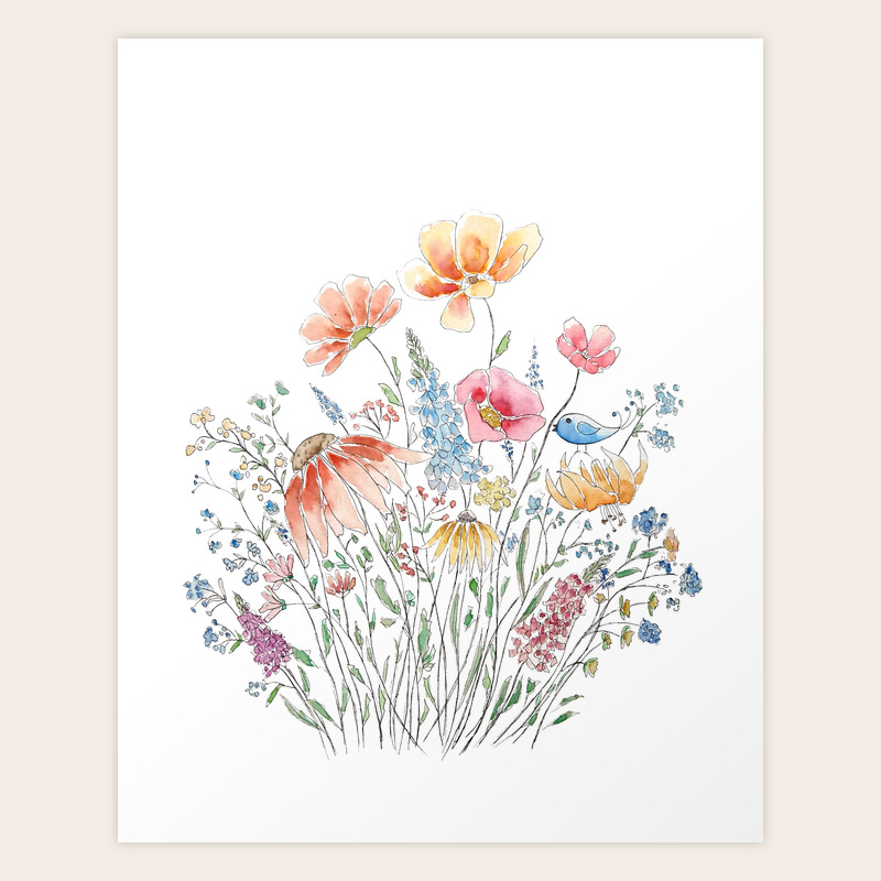 wild flower bouquet and blue bird- ink and watercolor 2 Art Print by  colorandcolor | Society6