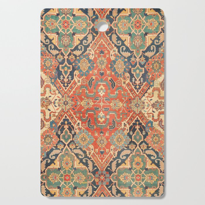 Geometric Leaves VII // 18th Century Distressed Red Blue Green Colorful Ornate Accent Rug Pattern Cutting Board
