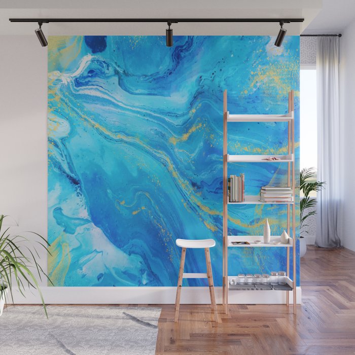 Abstract Acrylic Marble Paint Pattern Texture #1 - Blue, Gold Wall Mural by  Nick Valdivia