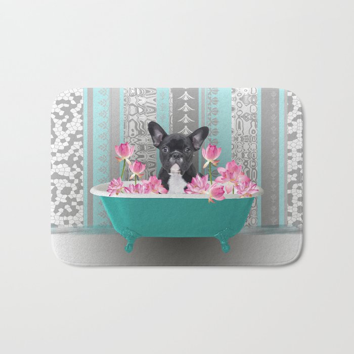 Turquoise Bathtub - French Bulldog Lotus Flower Bath Mat