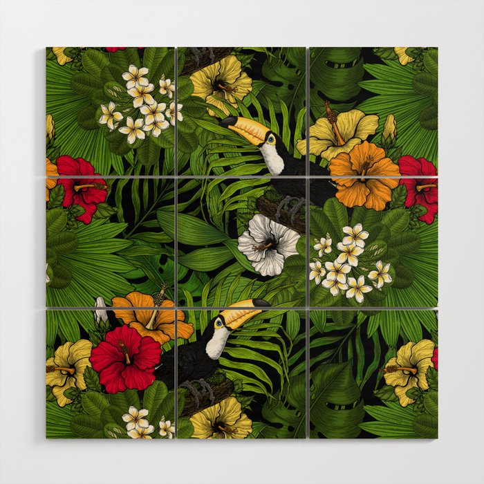 Toucans and tropical flora, green, yellow, red and orange Wood Wall Art