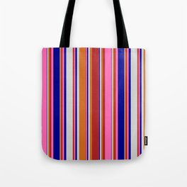 [ Thumbnail: Eyecatching Chocolate, Red, Hot Pink, Dark Blue & Light Gray Colored Lines/Stripes Pattern Tote Bag ]