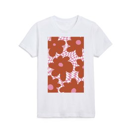  Retro Flowers on Warped Checkerboard \\ MUTED PINK & TERRACOTTA COLOR PALETTE Kids T Shirt