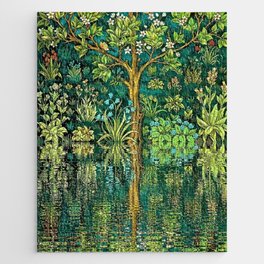 Tree of Life reflecting water of garden lily pond emerald twilight rainforest river nature landscape painting Jigsaw Puzzle