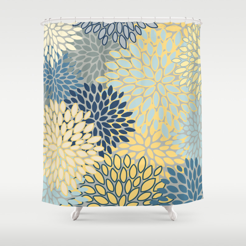 Yellow Gray Blue Teal Shower Curtain, Blue Yellow Gray Shower Curtain