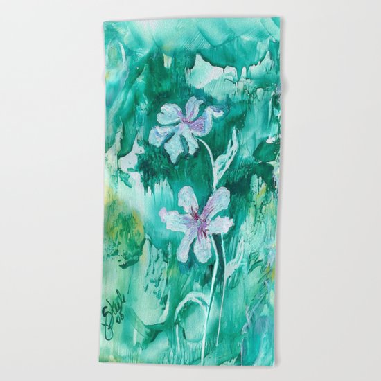 Green encaustic flowers Beach Towel