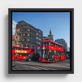 Great Britain Photography - Red Double Decker Buses In Down Town London  Framed Canvas