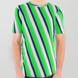 [ Thumbnail: Aquamarine, Lime, Dark Blue & Beige Colored Lined/Striped Pattern All Over Graphic Tee ]