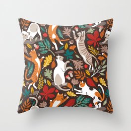 Autumn joy // brown oak background cats dancing with many leaves in fall colors Throw Pillow
