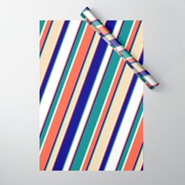 [ Thumbnail: Red, Dark Blue, Dark Cyan, Tan & White Colored Lined/Striped Pattern Wrapping Paper ]