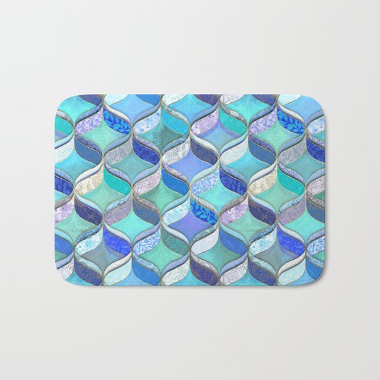 Patchwork Ribbon Ogee Pattern in Blues & Greens Bath Mat