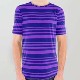 [ Thumbnail: Purple & Dark Blue Colored Lined/Striped Pattern All Over Graphic Tee ]