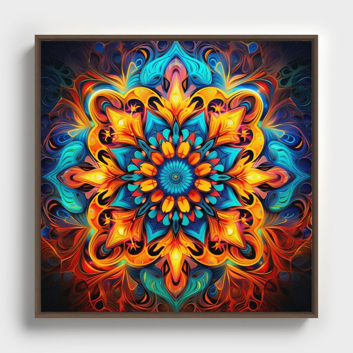 Sacred Fire Flower Fractal Mandala Framed Canvas