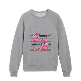 Dachshunds long love // beige background fuchsia pink hearts scarves sweaters and other Valentine's Day details brown navy and dark grey spotted funny doxies dog puppies  Kids Crewneck