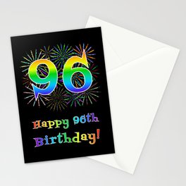 [ Thumbnail: 96th Birthday - Fun Rainbow Spectrum Gradient Pattern Text, Bursting Fireworks Inspired Background Stationery Cards ]