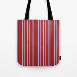 [ Thumbnail: Red & Light Sky Blue Colored Striped/Lined Pattern Tote Bag ]