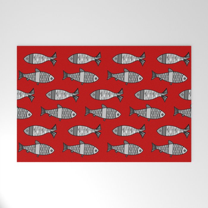 Retro Modern Fish, Deep Red and Gray / Grey Welcome Mat