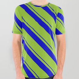 [ Thumbnail: Blue & Green Colored Pattern of Stripes All Over Graphic Tee ]