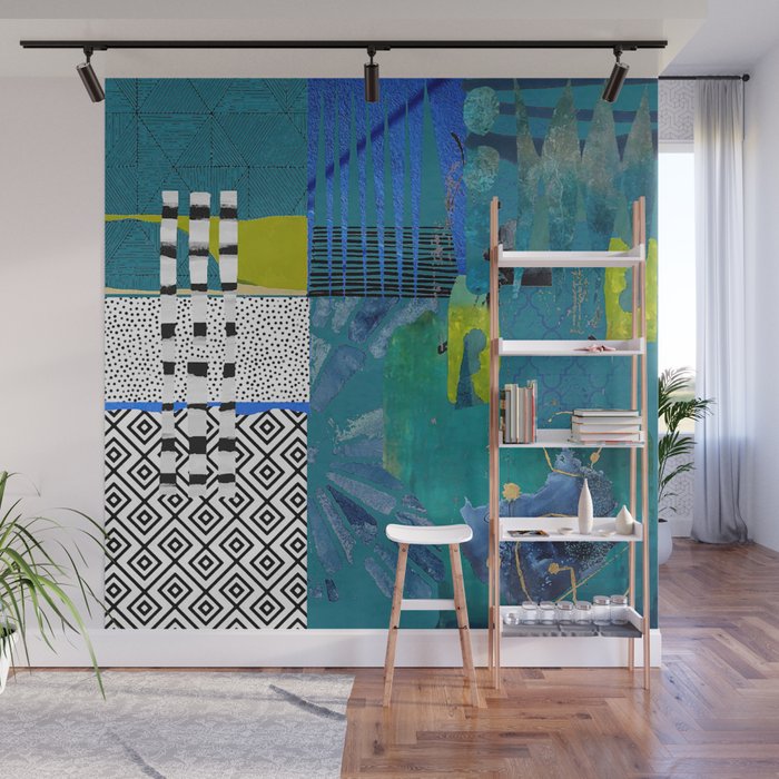 Parallel Abstract Collage Cobalt Blue, Lime, Black and White Wall Mural