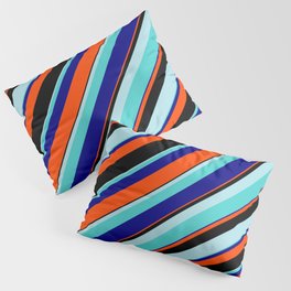 [ Thumbnail: Eye-catching Powder Blue, Turquoise, Blue, Red, and Black Colored Lined/Striped Pattern Pillow Sham ]