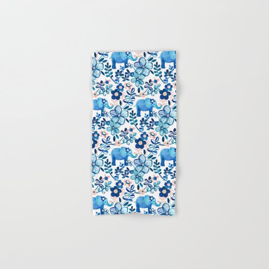 Blush Pink, White and Blue Elephant and Floral Watercolor Pattern Hand & Bath Towel