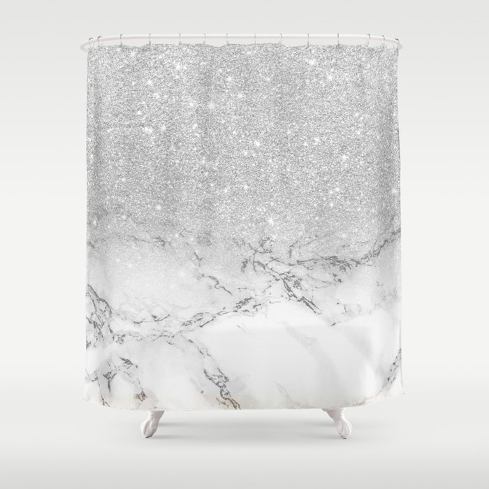 Modern Faux Grey Silver Glitter Ombre, Modern White Shower Curtain