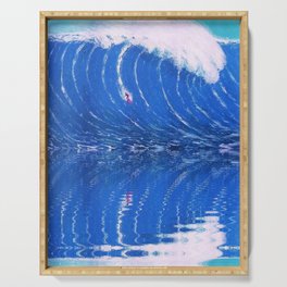 Extreme surfing pipeline wave with mirrored reflection oregon, hawaii, florida, portugal, nazare, honolulu surfer landsccape painting in ocean blue Serving Tray