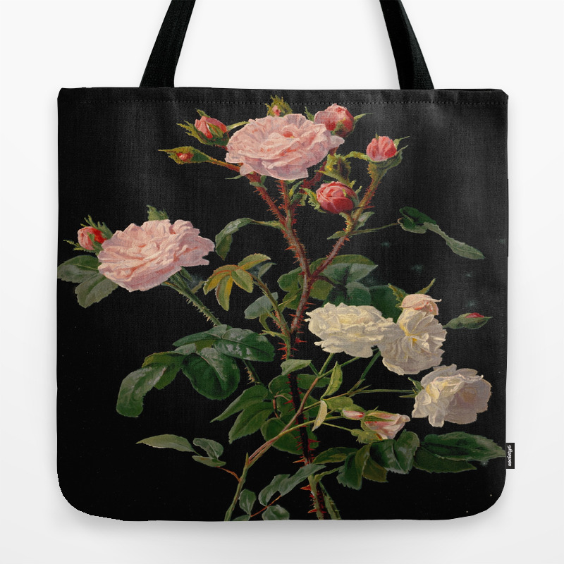 Vintage Botanical Illustration Beautiful Lush Roses Flowers Black Background Tote Bag By Enshape Society6
