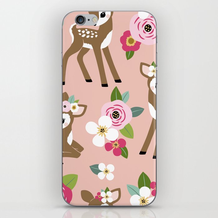 Seamless vintage pattern with cute vintage fawn on pink floral background.  iPhone Skin