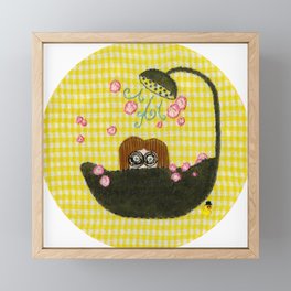 Ghoulish Pink and Yellow Bubble Bathtub Girl Embroidery, Rubber Duck with Top Hat Framed Mini Art Print