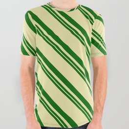 [ Thumbnail: Dark Green and Pale Goldenrod Colored Lines Pattern All Over Graphic Tee ]