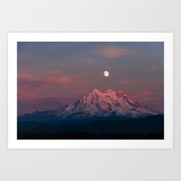 Mt. Rainier Moonrise at Sunset Art Print