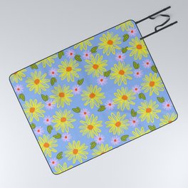 Mid-Century Modern Inked Daisies Sky Blue And Yellow Picnic Blanket