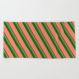 [ Thumbnail: Forest Green, Dark Green & Salmon Colored Stripes Pattern Beach Towel ]
