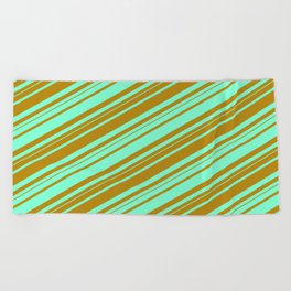 [ Thumbnail: Aquamarine and Dark Goldenrod Colored Lined/Striped Pattern Beach Towel ]