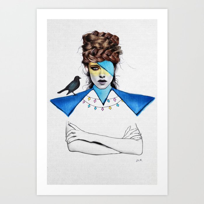 Blue Girl & Black Bird Art Print